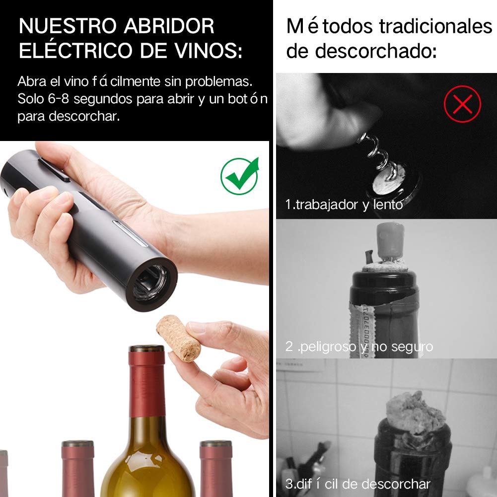 Sacacorchos Eléctrico de Vinos 6 En 1 AutomáTico de Abridor de Vino Eléctrico de Botella de Vino y Accesorios de Acero Inoxidable con Cortador de LáMinas Juego de Abridor de Eléctrico para Vino Cava