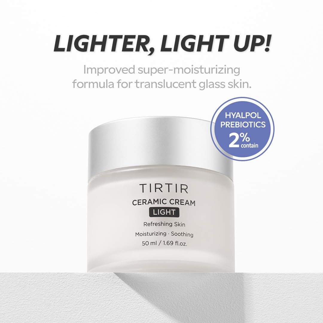 TIRTIR Ceramic Cream Light Refreshing Skin 50 ml - Crema Hidratante Facial Coreana ligera con Acido poliglutámico, betaina y prebióticos - Crema Facial para piel grasa o mixta - Skincare Coreano sin fragancia