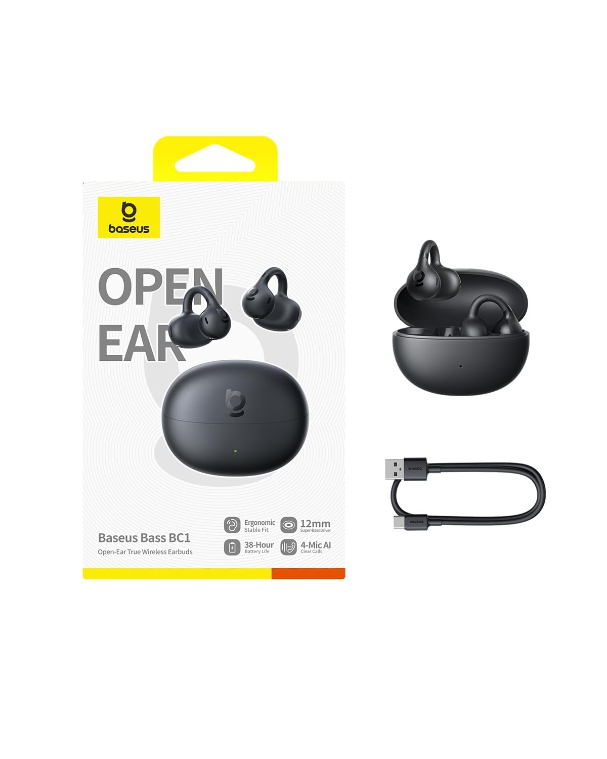 Baseus BC1 Audífonos Inalámbricos Open Ear con Clip, Bluetooth 6.0, Negro