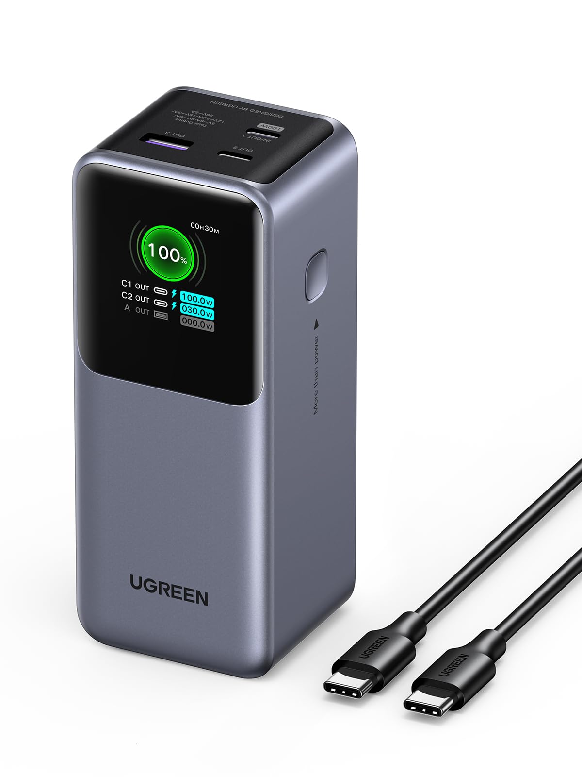 UGREEN 20000mAh 130W Nexode Power Bank, 100W Cargador Portátil Powerbank 2 USB C y 1 USB A, Pantalla Inteligente TFT, Batería Externa Compatible con iPhone, Xiaomi, Galaxy, iPad, MacBook