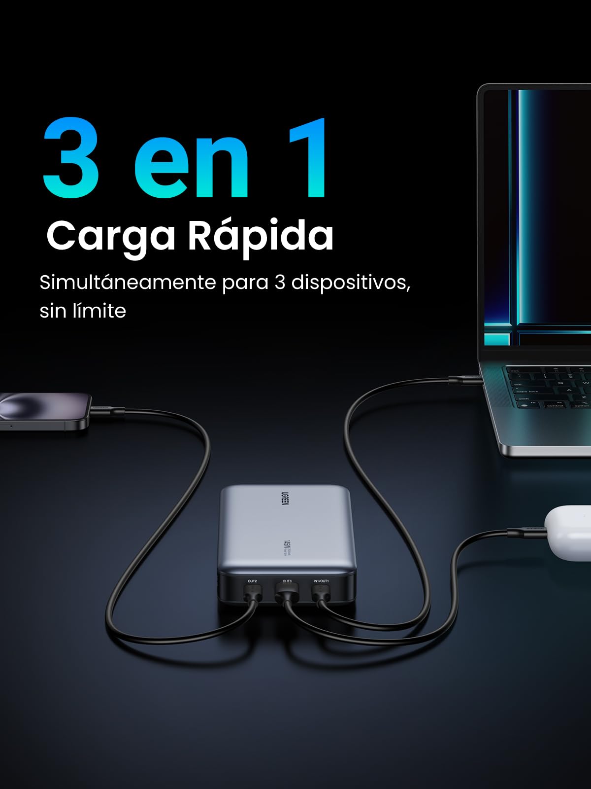 UGREEN 145W Power Bank 25000mAh Cargador Portátil Carga Rápida con Cable USB C y 3 Puertos PD3.0 Banco de Energía Batería con Pantalla Digital Compatible con MacBook iPad iPhone 16/15/14 Xiaomi Galaxy
