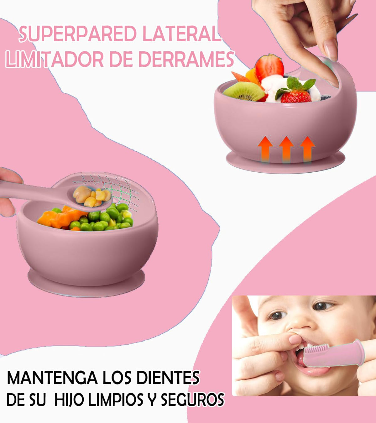 14pzs Vajillas Platos para Bebe Silicona, Set Alimentacion Complementaria Bebe, Plato para Bebe con Ventosas, Baberos Ajustable, Sin BPA, Fácil de Limpiar, Apto para Microondas(Rosado)