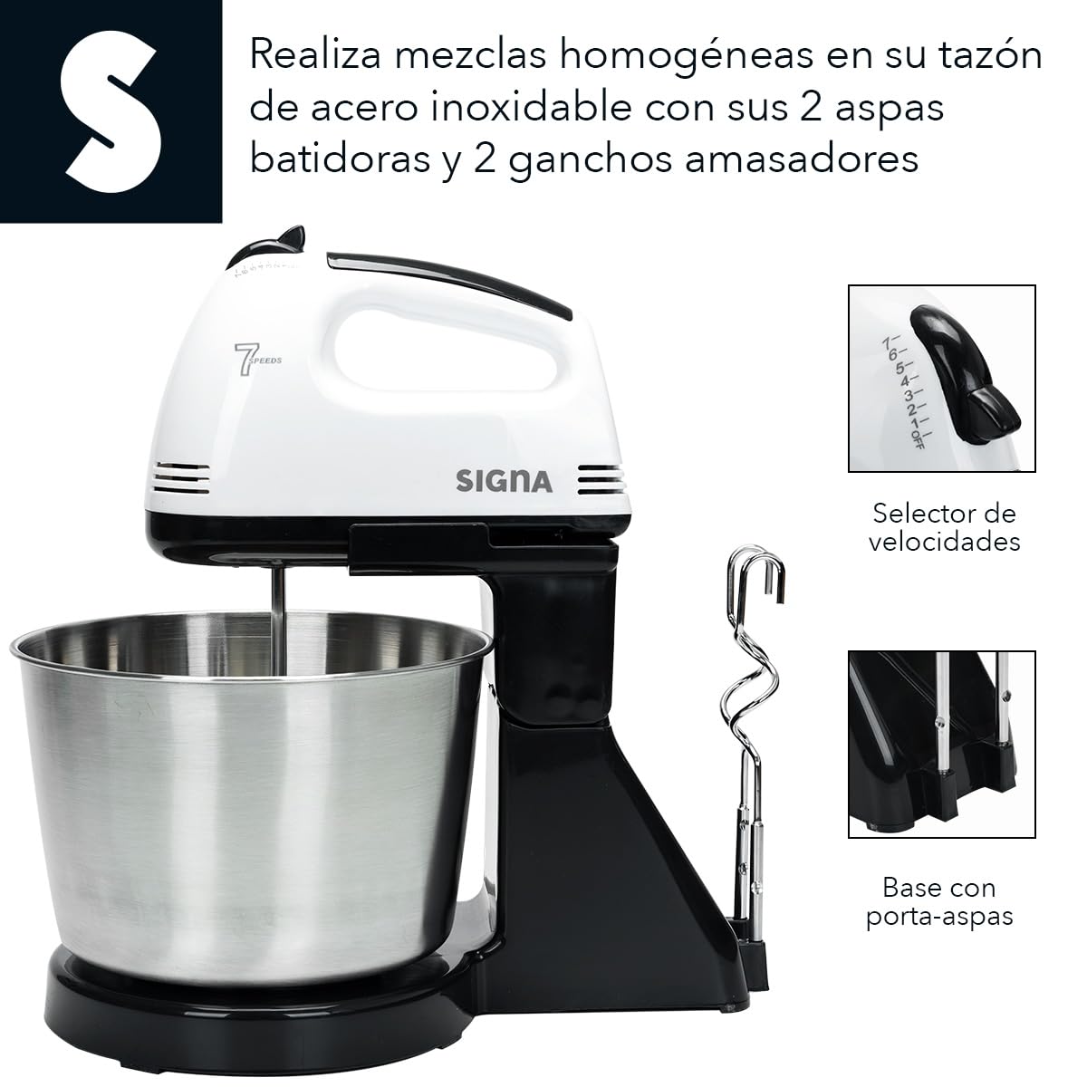 SIGNA Batidora Eléctrica De Pedestal Y Mano 2 En 1 Para Cocina Potente 120w con 7 Velocidades Ajustables Tazón de 2.5L de Acero Inoxidable Accesorios Para Amasar Batir y Mezclar (Blanco)