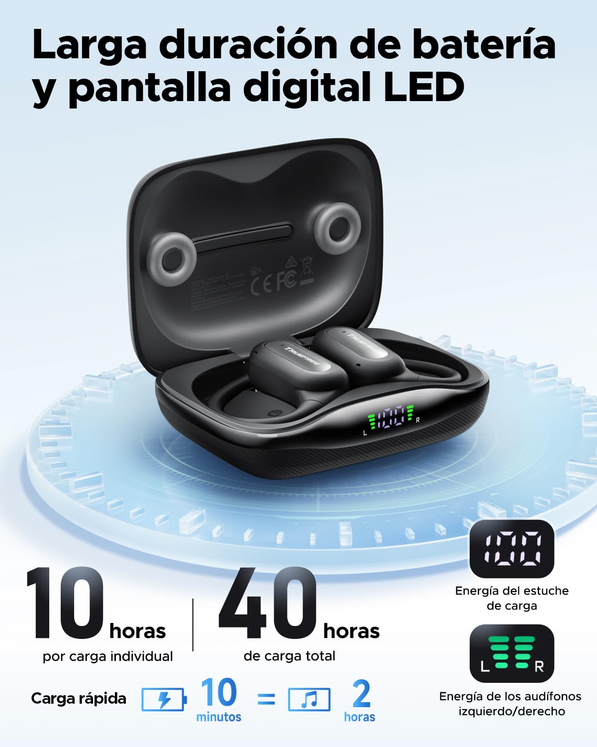truefree Audífonos Inalámbricos Bluetooth 6.0 Open-Ear, Audífonos Oído Abierto 17mm Diafragmas con ENC, Carga Rápida para 40 Horas de Reproducción, IPX5 Modo Gaming de Baja Latencia y Conexión Multip