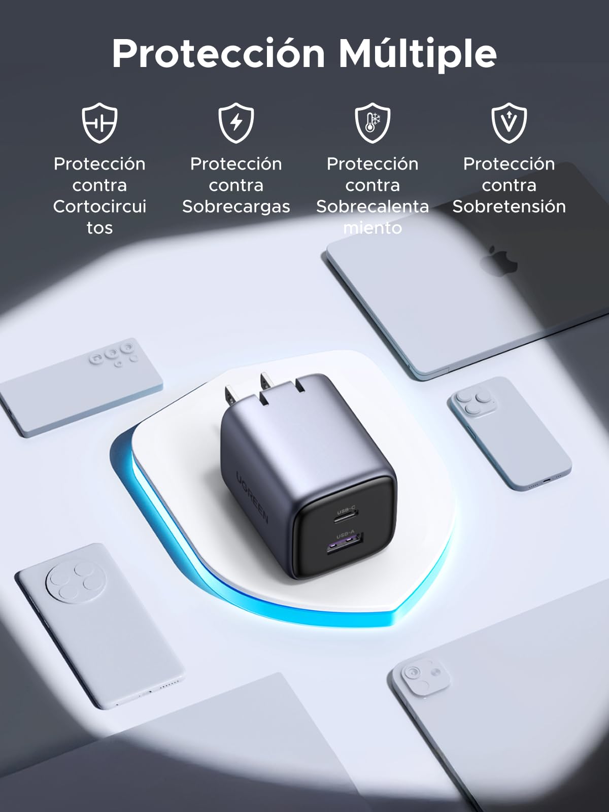 UGREEN Nexode 35W GAN Cargador Tipo C Carga Raida, PD USB C con 2 Puertos, USB C y USB A Compatible con Galaxy S24/S23/S22, iPhone 16 15 14 Pro MAX, MacBook, iPad, Negro