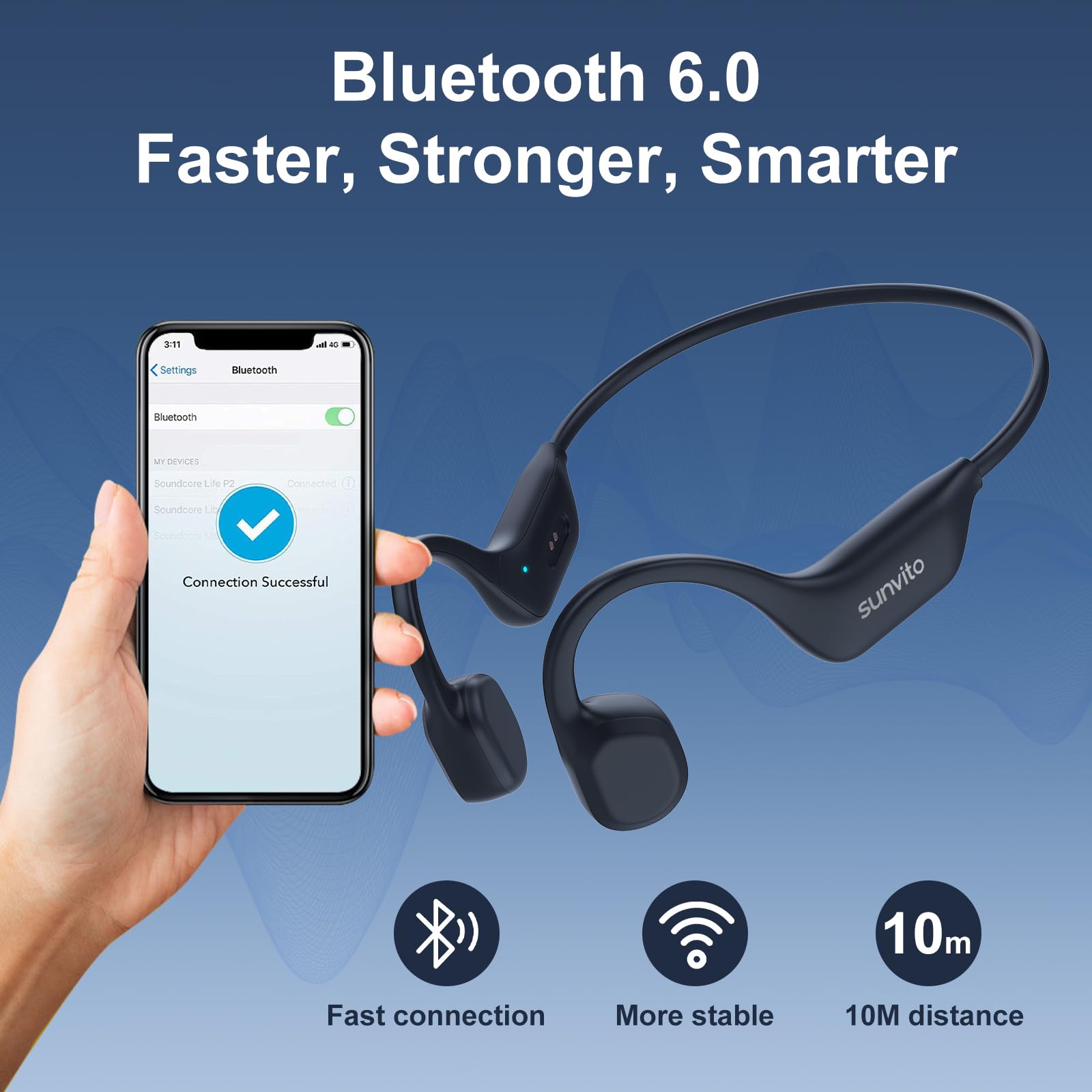 sunvito Audífonos de Conducción Ósea, Auriculares Inalámbricos Open-Ear Bluetooth 6.0 Deportivos con Micrófono, IPX6 Impermeable, 10H de Batería, para Correr y Ciclismo