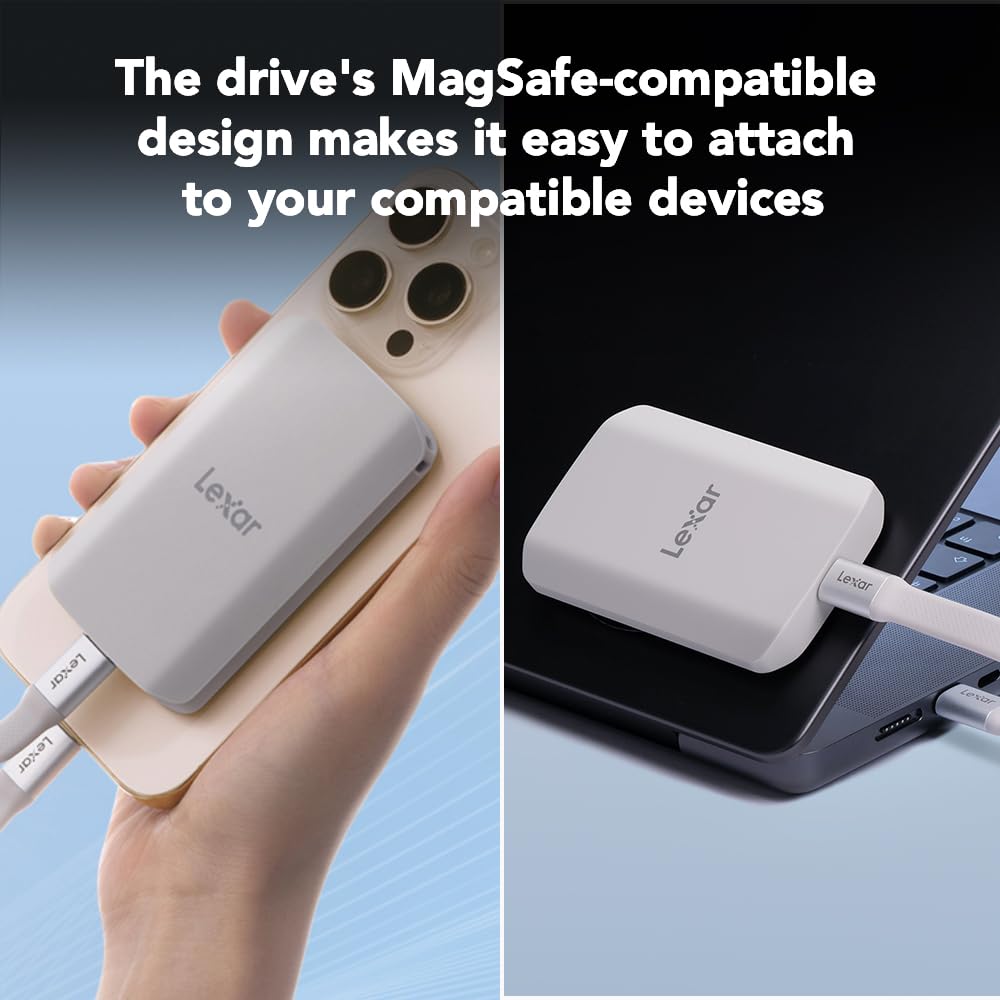 Lexar 1TB ES5 SSD Externo magnético, hasta 2000 MB/s, Compatible con MagSafe, Smartphones USB-C, iPhone 15/16 o Superior, PC, Mac, Compatible con Apple ProRes y Samsung Pro Video, Plateado