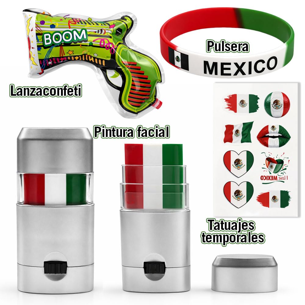 Kit Fan México 12PCS – Set de Fiesta Fútbol con Banderas, Bocina, Gafas, Pintura Facial y Pulseras, para Mundial 2026, Partidos de la Selección, Clásicos, Bares y Reuniones Familiares