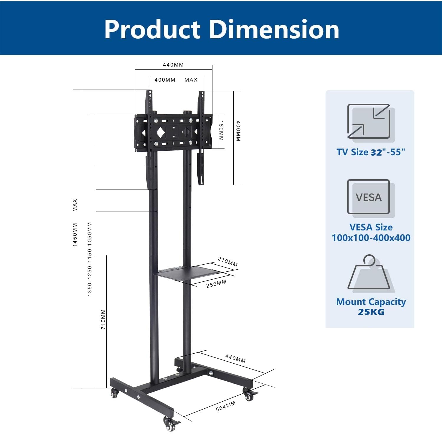 LETTURE Soporte TV Móvil con Ruedas para 32-55 Pulgadas LCD LED, Soporte TV Pie Ajustable en Altura con Estante, Carro TV Suelo Alto Portátil, MAX 25kg VESA 400x400mm