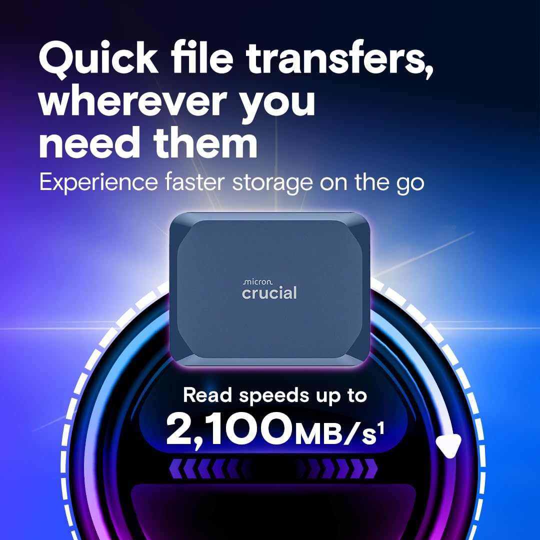 Crucial X10 2TB SSD portátil, hasta 2,100 MB/s, USB 3.2 USB-C, Unidad Externa de Estado sólido, Compatible con Windows, Mac y Android, Almacenamiento Duradero para Juegos, Fotos y Archivos, Azul
