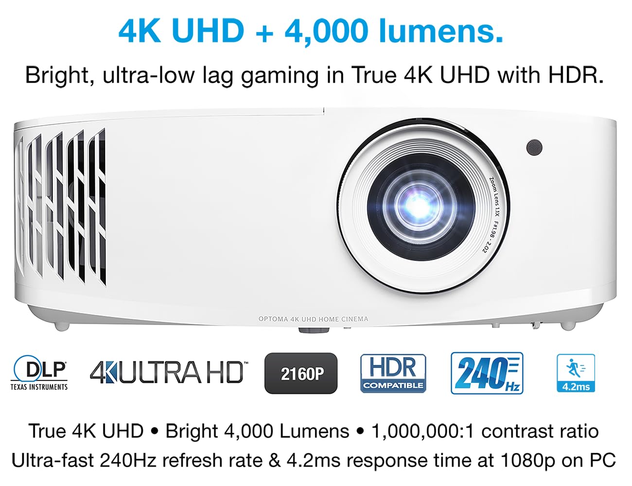Optoma UHD38x Bright, True 4K UHD Gaming Projector | 4000 Lumens | 4.2ms Response Time at 1080p with Enhanced Gaming Mode | Lowest Input Lag on 4K Projector | 240Hz Refresh Rate | HDR10 & HLG