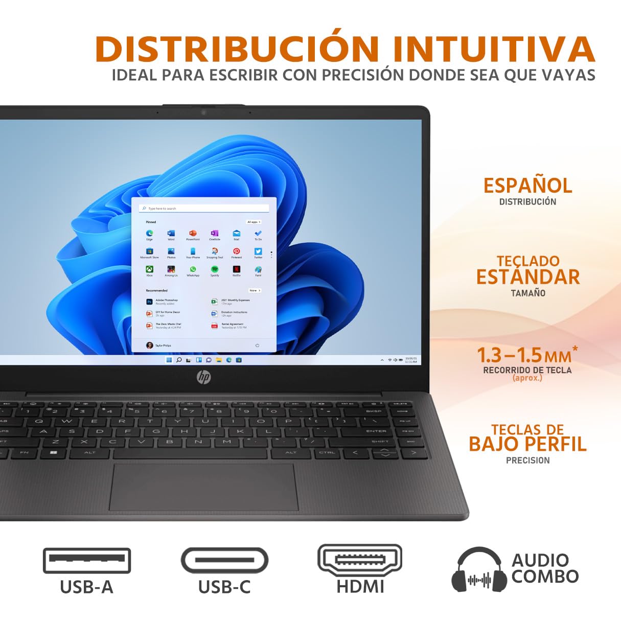 HP Laptop 245 AMD Ryzen 3 7330U 16GB 512GB SSD 14" W11 Teclado Español Ideal para Estudiante y Oficina