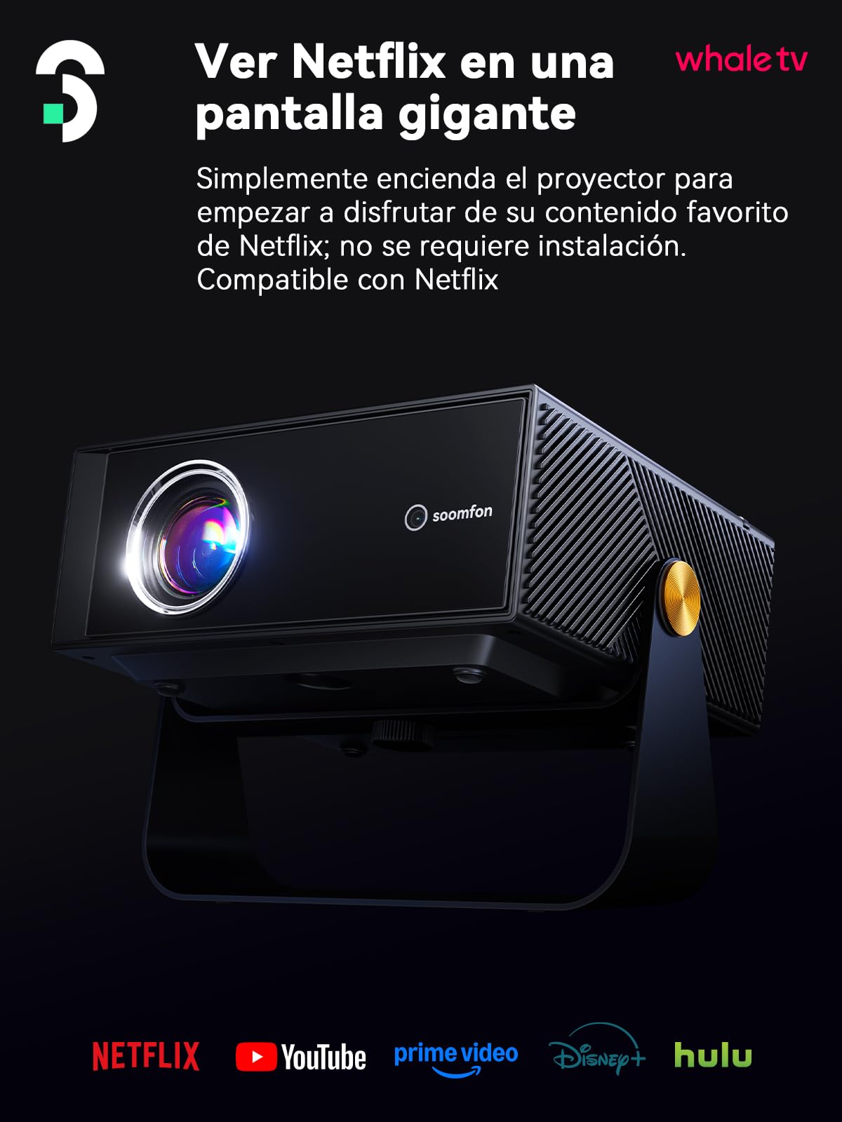 SOOMFON SK3 Android Proyector 4K Soporte Netflix Oficial WiFi y Bluetooth, 1080P Nativo 500 ANSI, Enfoque Automático y Corrección Keystone, Portátil para Cine en Casa y Exterior hasta 200"