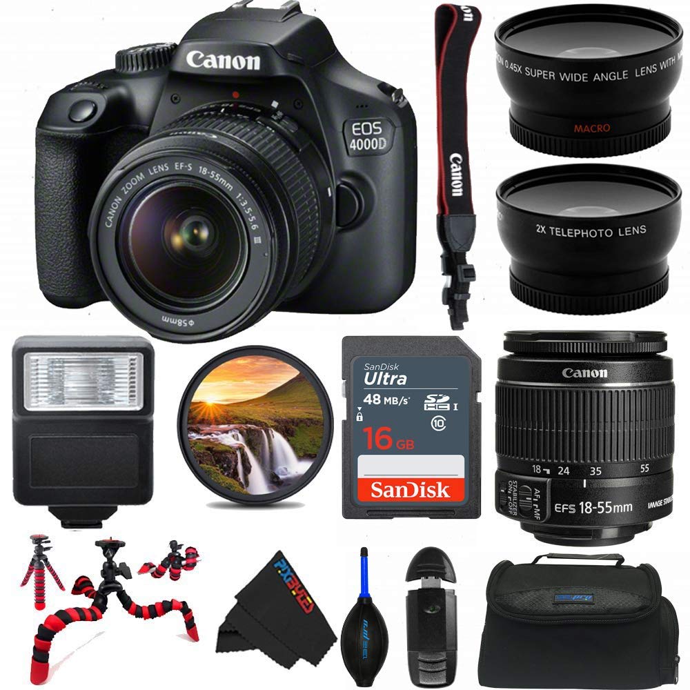 Canon EOS 4000D DSLR Cámara con lente 18-55mm f/3.5-5.6 III - Pixi Advanced Bundle (versión internacional) (Reacondicionado)