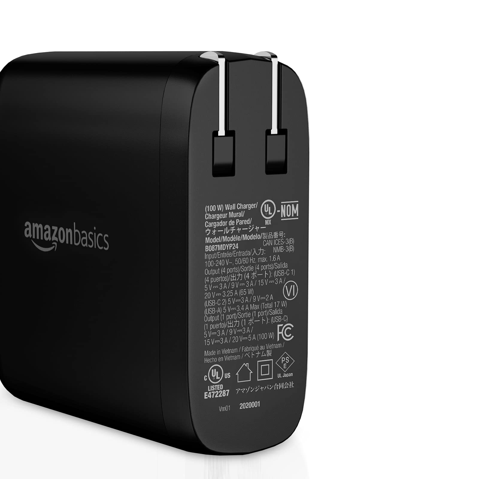 "Amazon Basics 100W Four-Port GaN Wall Charger with 2 USB-C (100W, 18W) & 2 USB-A Ports (12W), PD 3.0, Foldable Plug, Portable Multi-Device Charging for Laptops, Tablets & Phones, Non-PPS,Black"