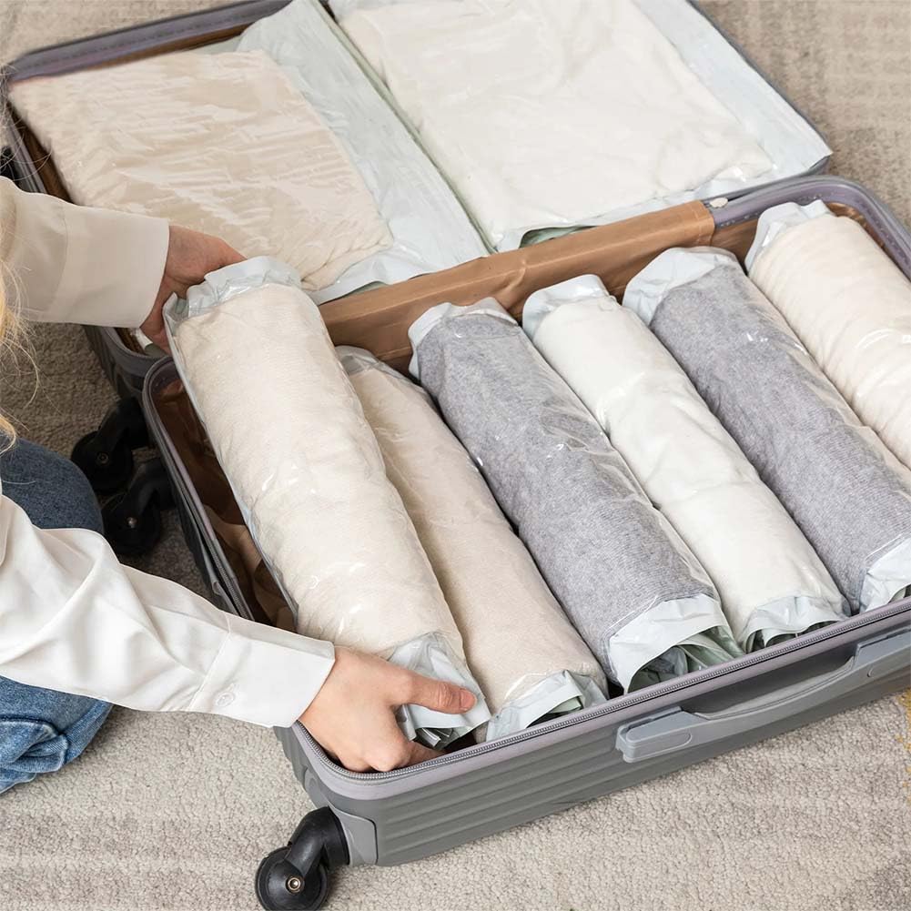 10 bolsas de Almacenamiento al vacio,Bolsas Vacio Ropa Enrollada a Mano, Bolsa Vacio Ropa Resistente Reutilizable Impermeable, 3 Tamaños (70x50cm, 60x40cm, 50x35cm)
