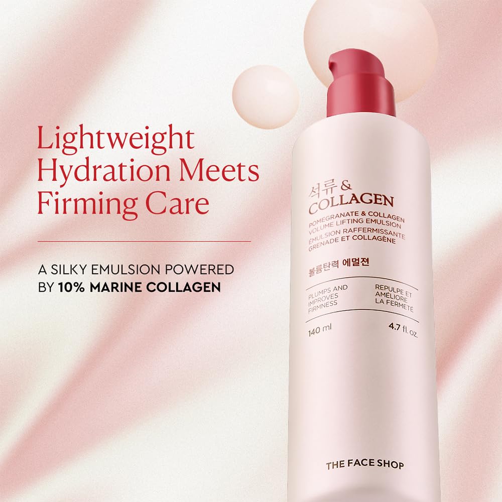 The Face Shop Pomegranate & Collagen - Emulsión Facial de Granada y Colágeno, 140 ml - Loción reafirmante con efecto lifting y glow - K-beauty coreano original para elasticidad y volumen