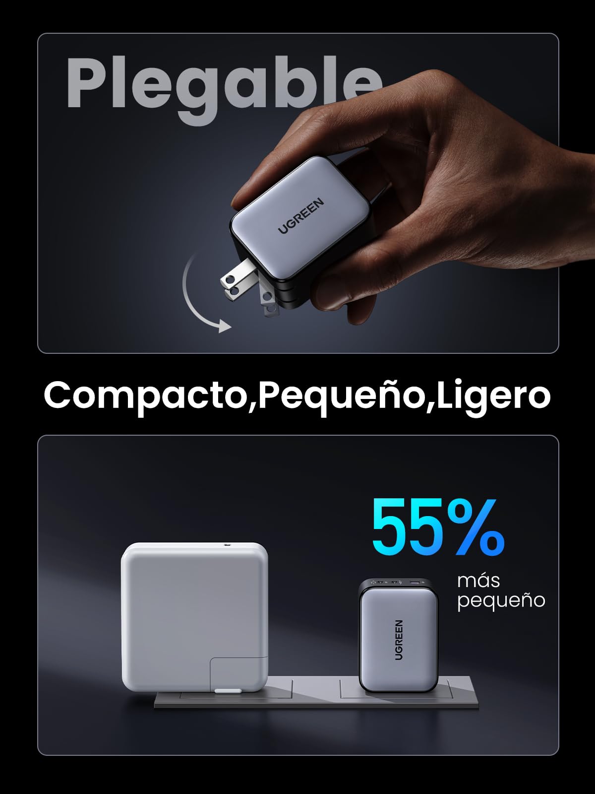UGREEN Nexode X Serie 65W Cargador Tipo C, 3 Puertos Mini GAN PPS, Phone Charger Carga Raida Compatible con Galaxy S24/S23, MacBook Pro/Air M2, Pixelbook, DELL XPS, iPhone 16 Pro Max/15/14