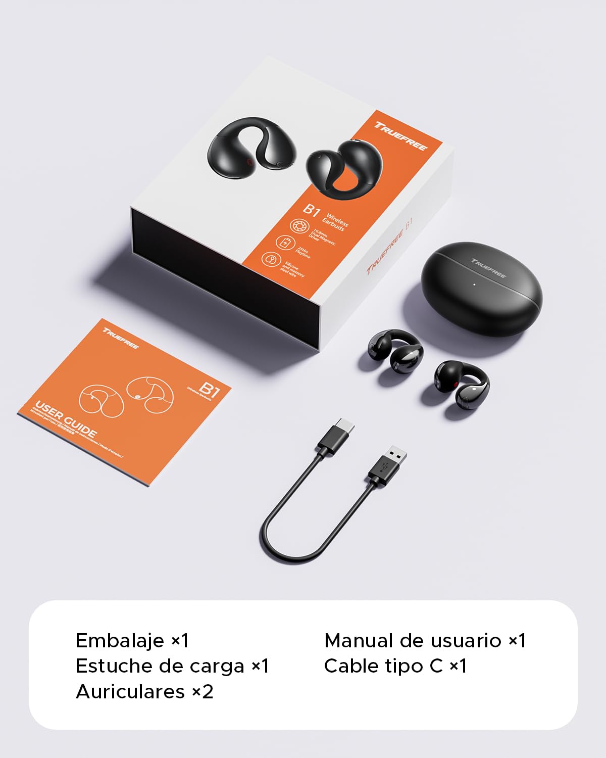truefree B1 Audífonos de Oído Abierto Inalámbricos Bluetooth 5.4 Opean-Ear Graves dinámicos, 4 mics para Llamadas claras, conexión Dual, Ajuste Ligero y Seguro, Ideales para Deportes, Control de App