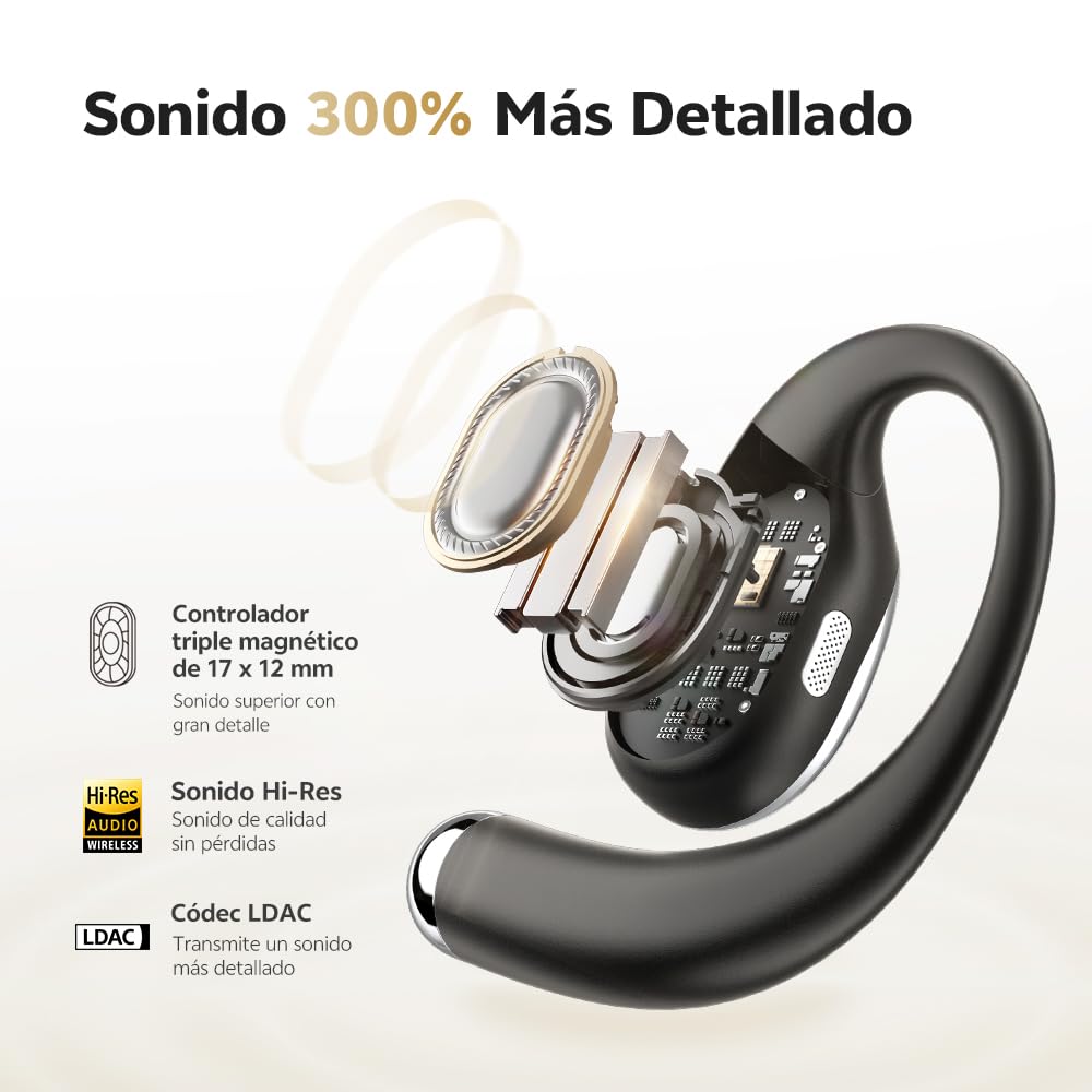 QCY Crossky R70 Auriculares Inalámbricos, Audífonos Oído Abierto con 52 Horas de Reproducción, Hi-Res Audio y LDAC, Bluetooth 6.0, Carga Inalámbrica y Conexión Multipunto, Resistente al Agua lPX5
