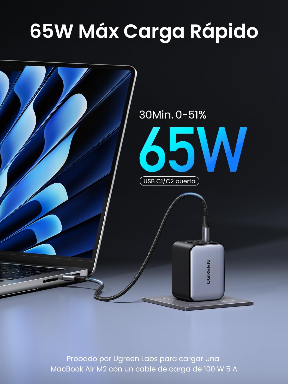 UGREEN Nexode X Serie 65W Cargador Tipo C, 3 Puertos Mini GAN PPS, Phone Charger Carga Raida Compatible con Galaxy S24/S23, MacBook Pro/Air M2, Pixelbook, DELL XPS, iPhone 16 Pro Max/15/14