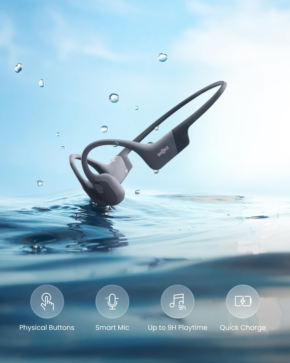 SHOKZ OpenSwim Pro Deportivos Auriculares de conducción ósea, inalámbricos Open-Ear Impermeables IP68 Bluetooth 5.4, 32 GB MP3, micros con cancelación de Ruido, 9H de repr. para Correr, Nadar, Gris