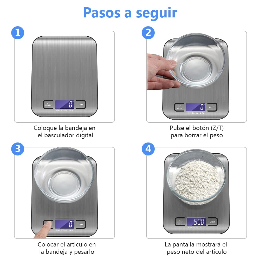 Báscula Digital de Cocina, Báscula de Cocina de acero inoxidable de 5 kg/11 lg con pantalla LCD, función de tara para cocinar en la cocina (plata)
