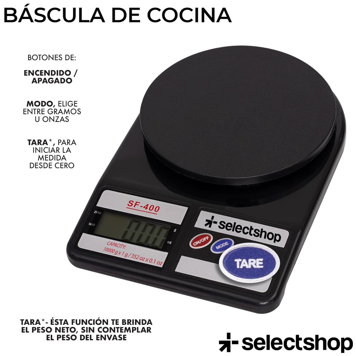 SELECTSHOP Bascula De Cocina Digital Para Alimentos Con Pantalla Lcd Precisa Pesa De Alimentos Base Plástica Portatil Bascula Gramera Digital Con Sensor Calibrador Pesa Joyas (NEGRO)
