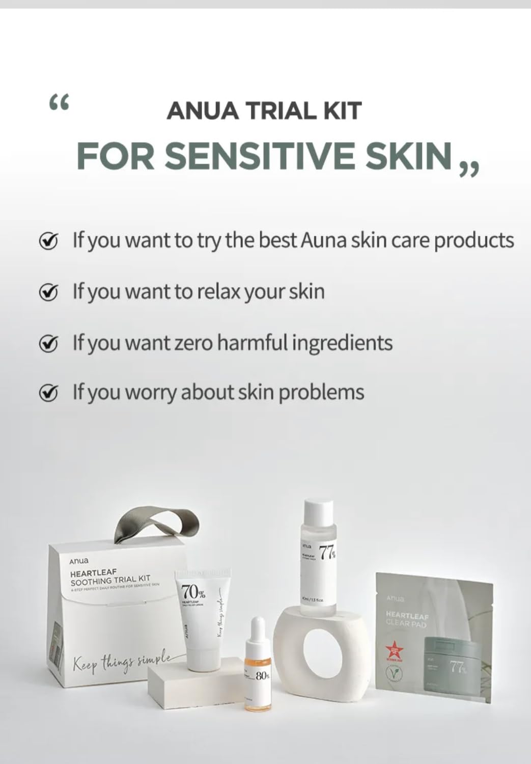 ANUA- Kit coreano de prueba de suavizado Heartleaf | tamaño de viaje, set de regalo con almohadilla transparente Heartleaf 77, Heartleaf7