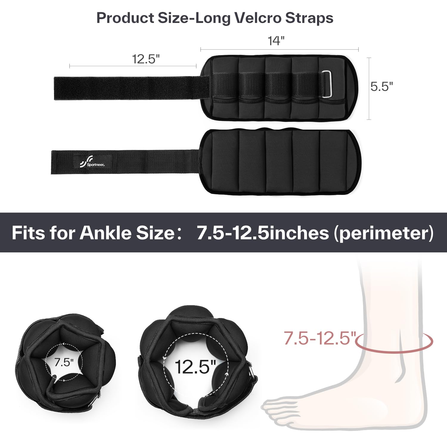 Sportneer Pesas ajustables para tobillos 1 Par (2-10 libras)-Negro