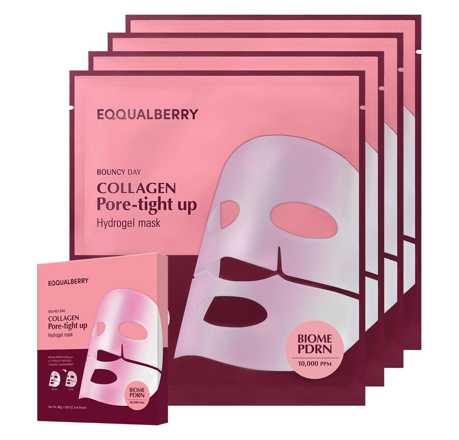 EQQUALBERRY Mascarilla Facial en Lámina Collagen PDRN Mask - Coreana con Colágeno, PDRN, Péptidos y Ácido Hialurónico, Hidratante