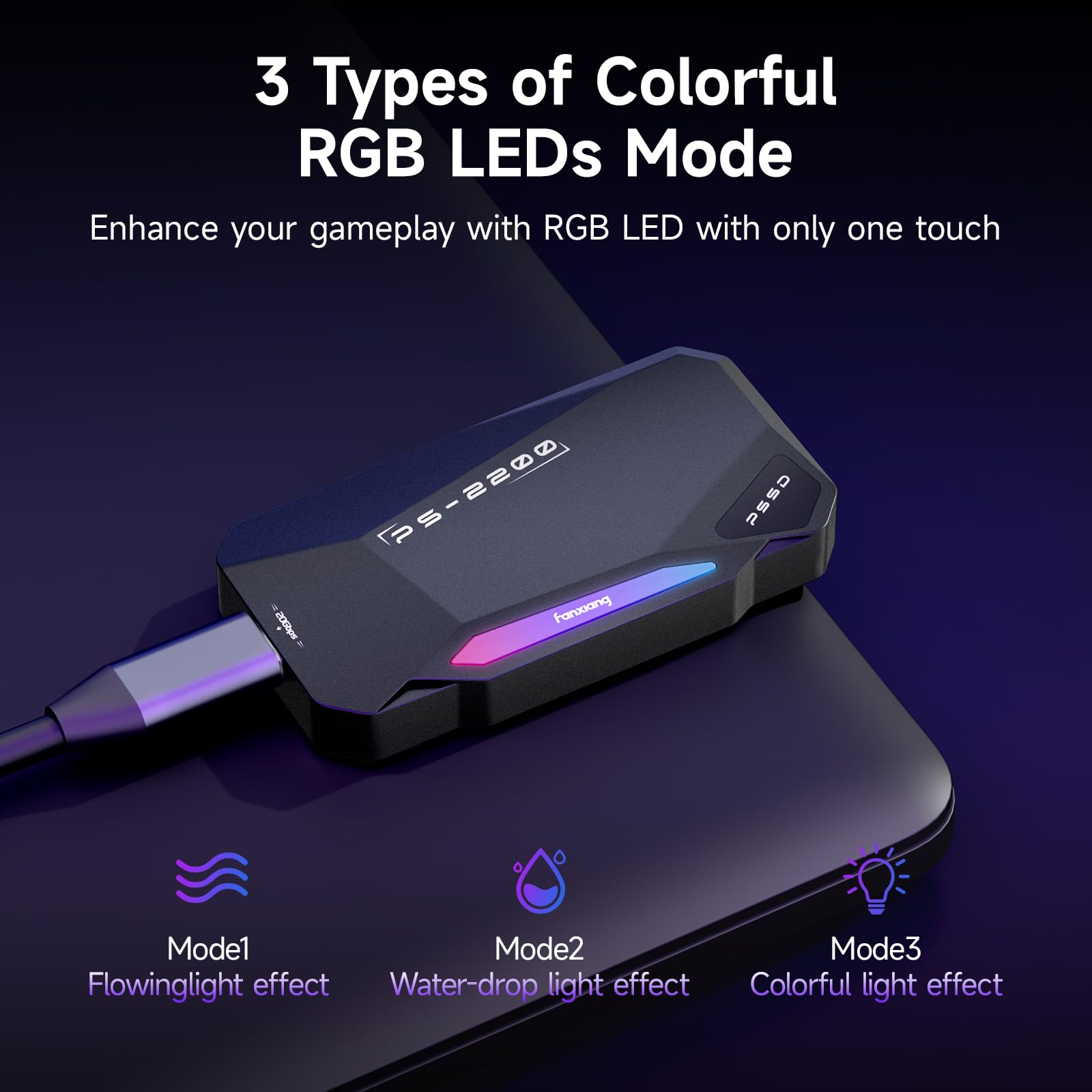 SSD Portátil Magnético 1TB, 2050MB/s, SSD Externo USB 3.2 Gen 2x2, Grabación y Almacenamiento 4K ProRes, Aleación de Aluminio, Iluminación RGB Táctil, para iPhone 15/16/17, Android, PC y Mac, PS2200