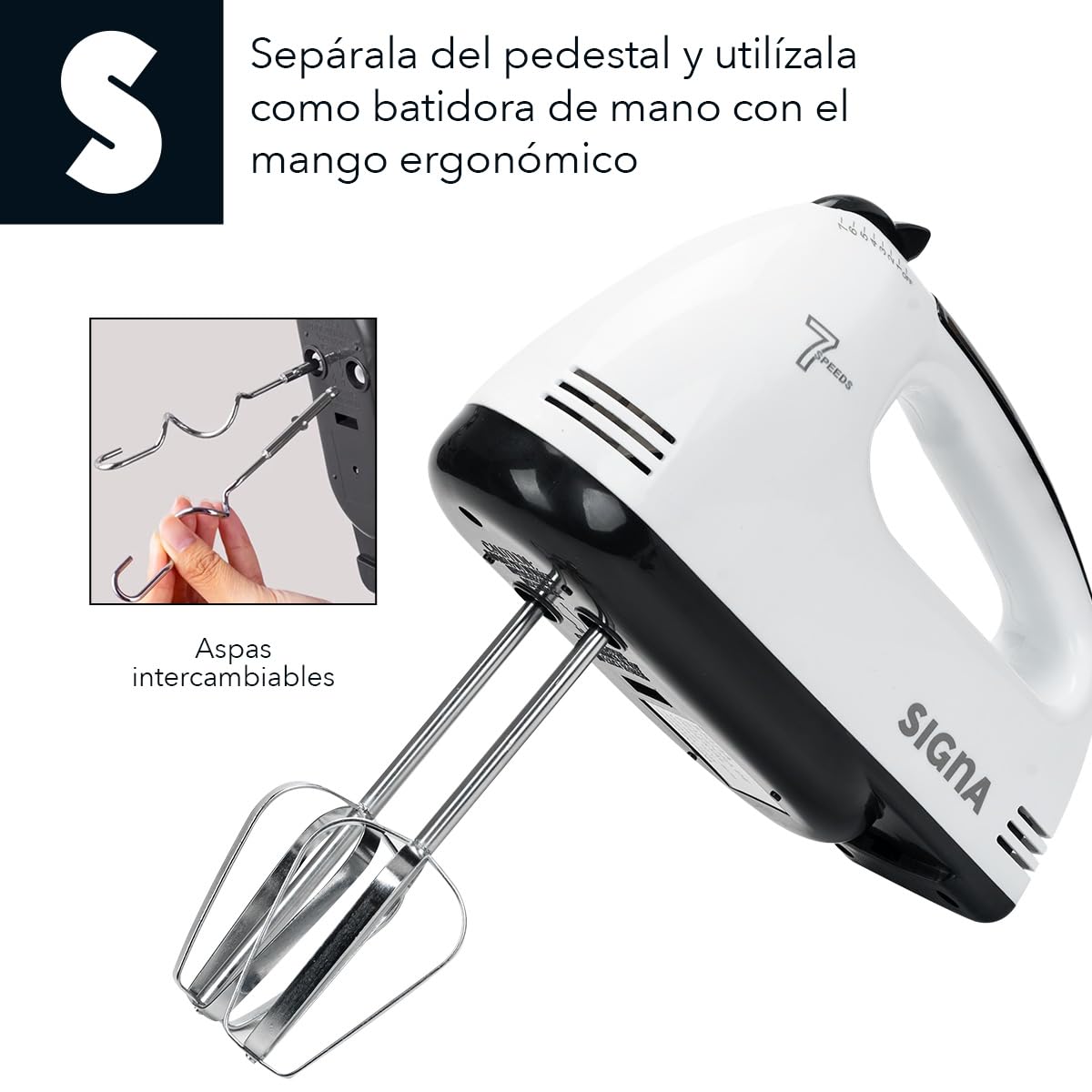 SIGNA Batidora Eléctrica De Pedestal Y Mano 2 En 1 Para Cocina Potente 120w con 7 Velocidades Ajustables Tazón de 2.5L de Acero Inoxidable Accesorios Para Amasar Batir y Mezclar (Blanco)
