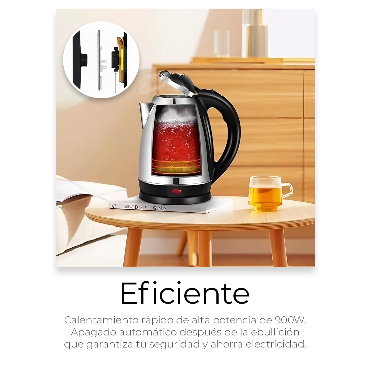 RagaBasics, Tetera Eléctrica de 1.8 Litros, Hervidor de Agua de Acero inoxidable, Apagado Automático 900W