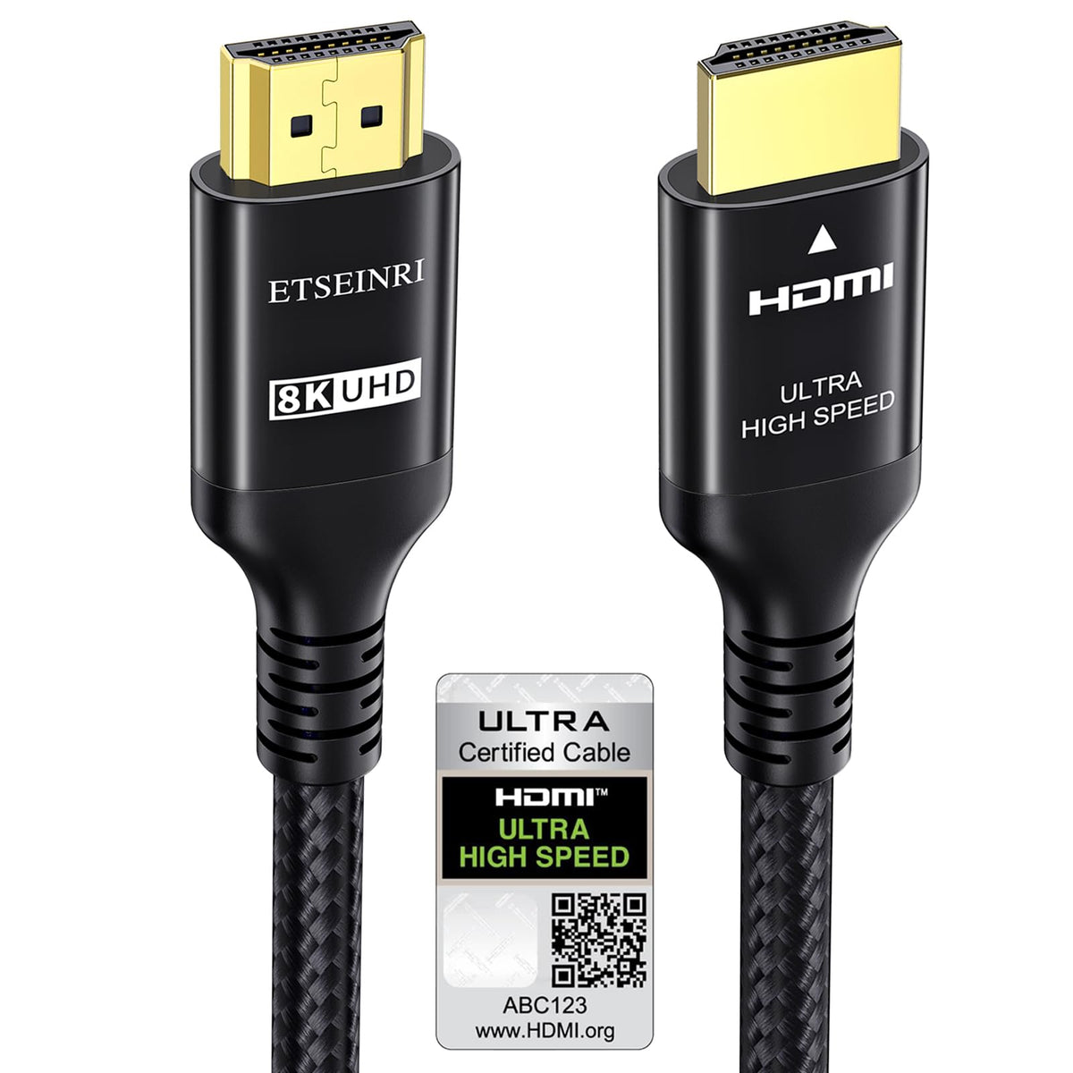 Etseinri 10K 8K 4K Cable HDMI 2.1 48Gbps 2M, Certificado 8K@60Hz 4K@120Hz 144Hz Ultra Alta Velocidad HDMI 0.01ms Juego Trenzado Cable, eARC HDCP 2.3 Compatible para HDTV/PS5 X-Box/SoundBar/Blu-ray