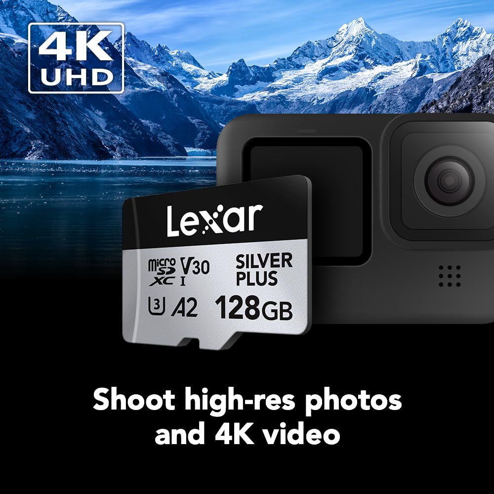 Lexar - Tarjeta de Memoria microSDXC Profesional Silver Plus de 128 GB, UHS-I, C10, U3, V30, Full-HD y 4K Video, hasta 205/150 MB/s de Lectura/Escritura, para videógrafos, Jugadores