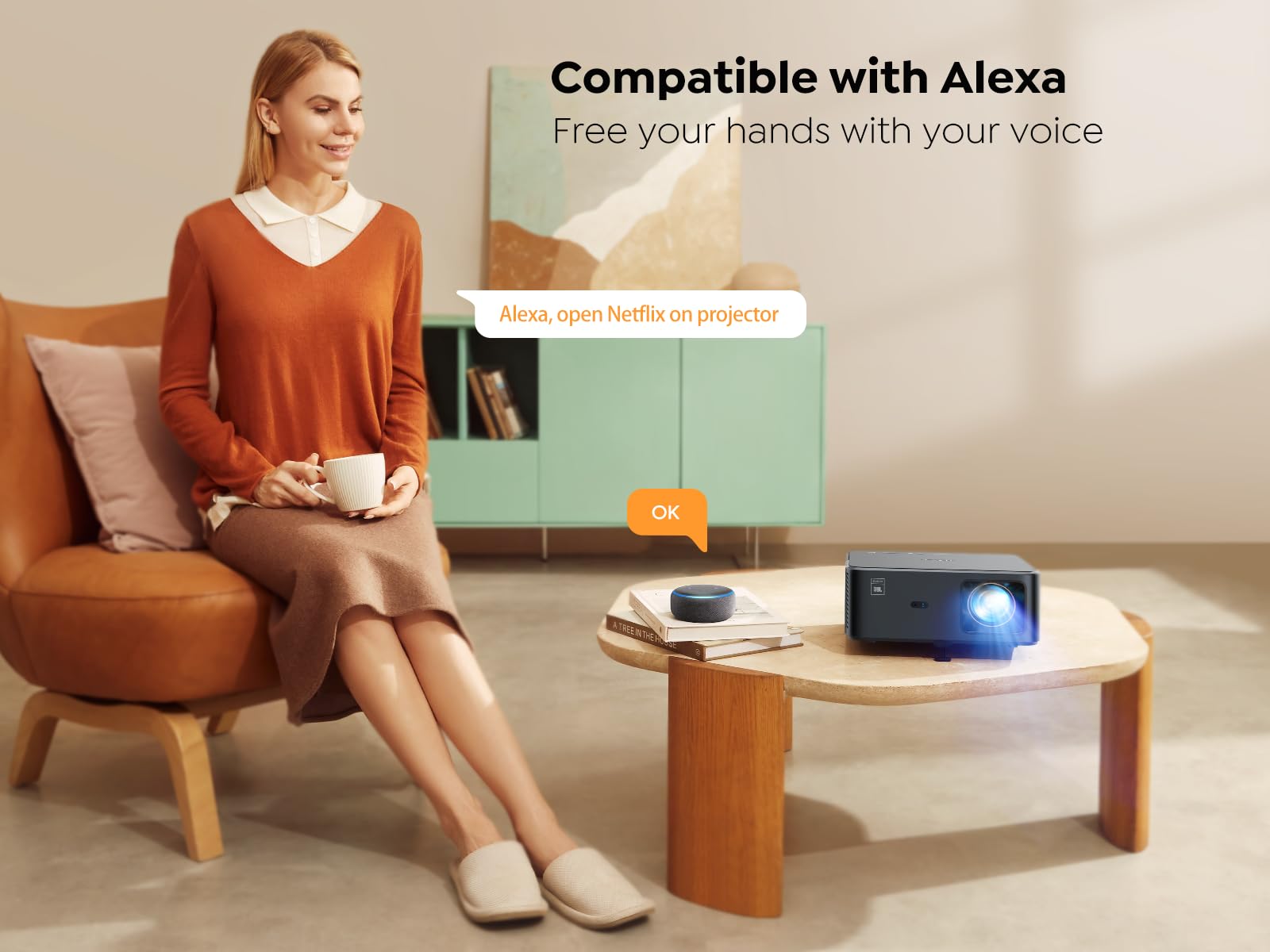 Proyector 4K con Google TV, proyector YABER K2s WiFi 6 Bluetooth, Sonido de JBL, Dolby Audio, Enfoque automático y Keystone, proyector de películas al Aire última intervensión Compatible con Netflix