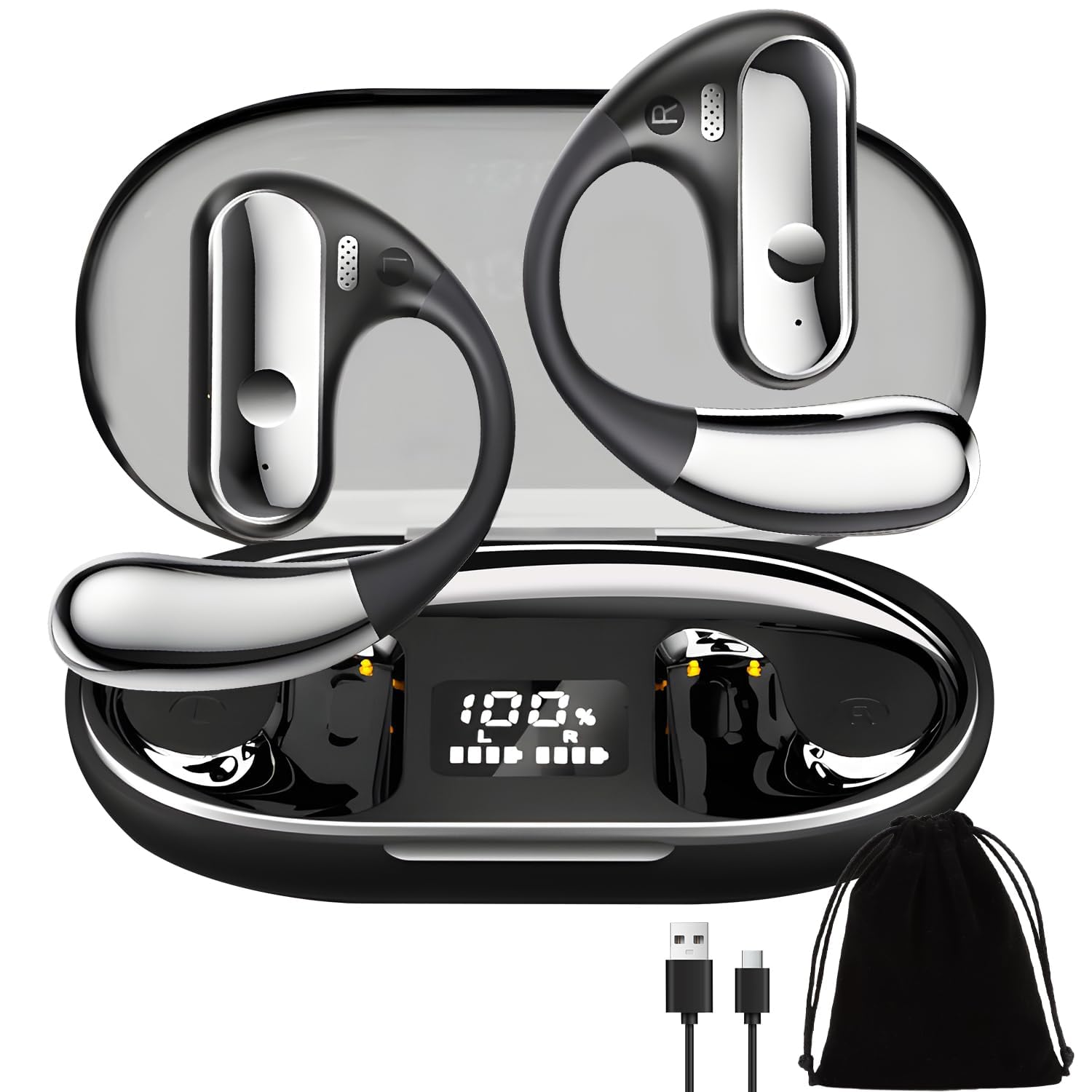 Auriculares Bluetooth 5.3 de Oído Abierto HiFi, Audífonos Open Ear Inalámbricos con Micrófono, Driver de 13 mm, Estuche de Carga LED 500mAh, Diseño Deportivo para Correr, Gimnasio, Android y iPhone