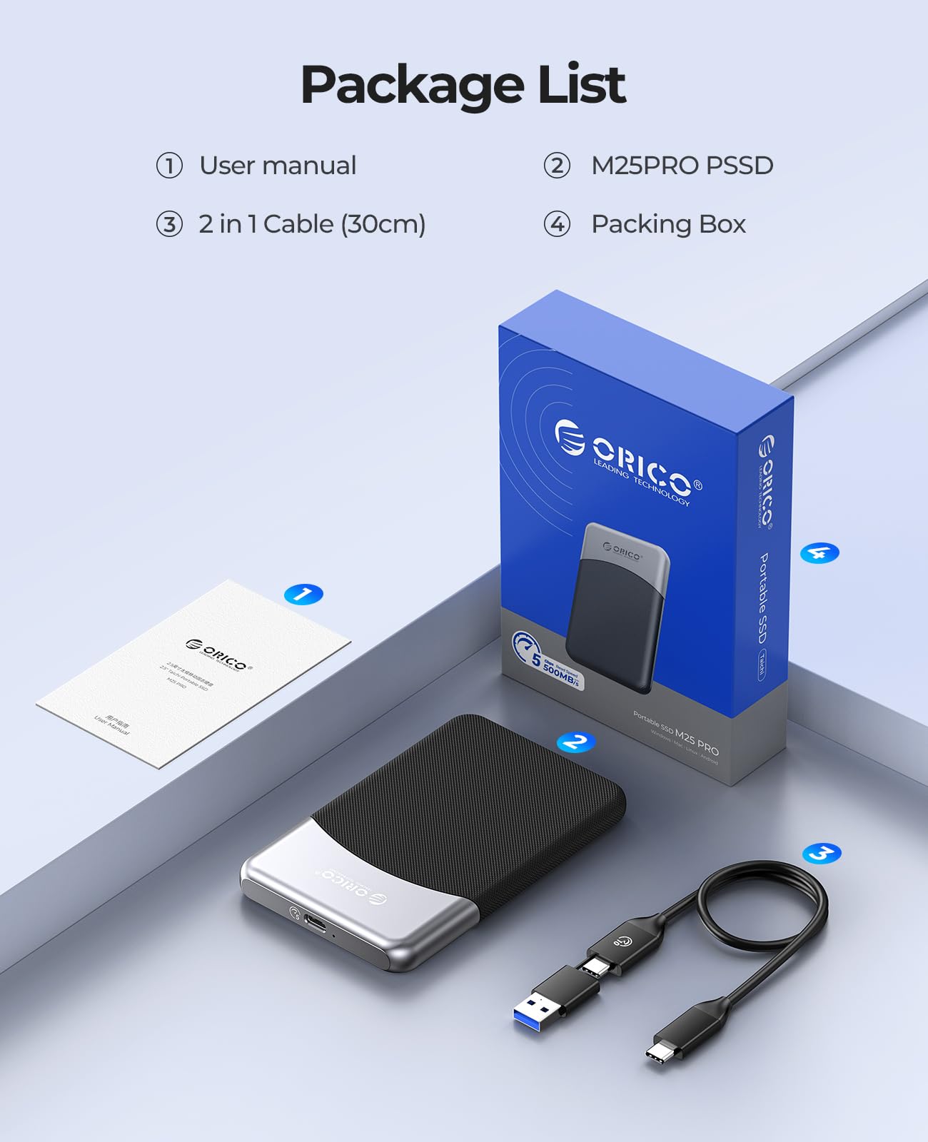 ORICO 512GB SSD externo con cable USB C 2 en 1, unidad de estado sólido portátil USB 3.2 Gen 1 hasta 460MB/s, resistencia al polvo y caídas, almacenamiento confiable para smartphone, PC, tableta