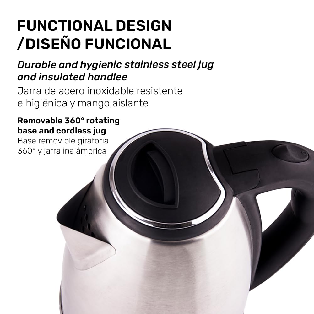 Taurus CARONTE | Hervidor Eléctrico | Jarra Inalámbrica | 2 Litros | 1000 W | Acero Inoxidable | Resistente | Hierve en minutos | Base removible | Apagado automático