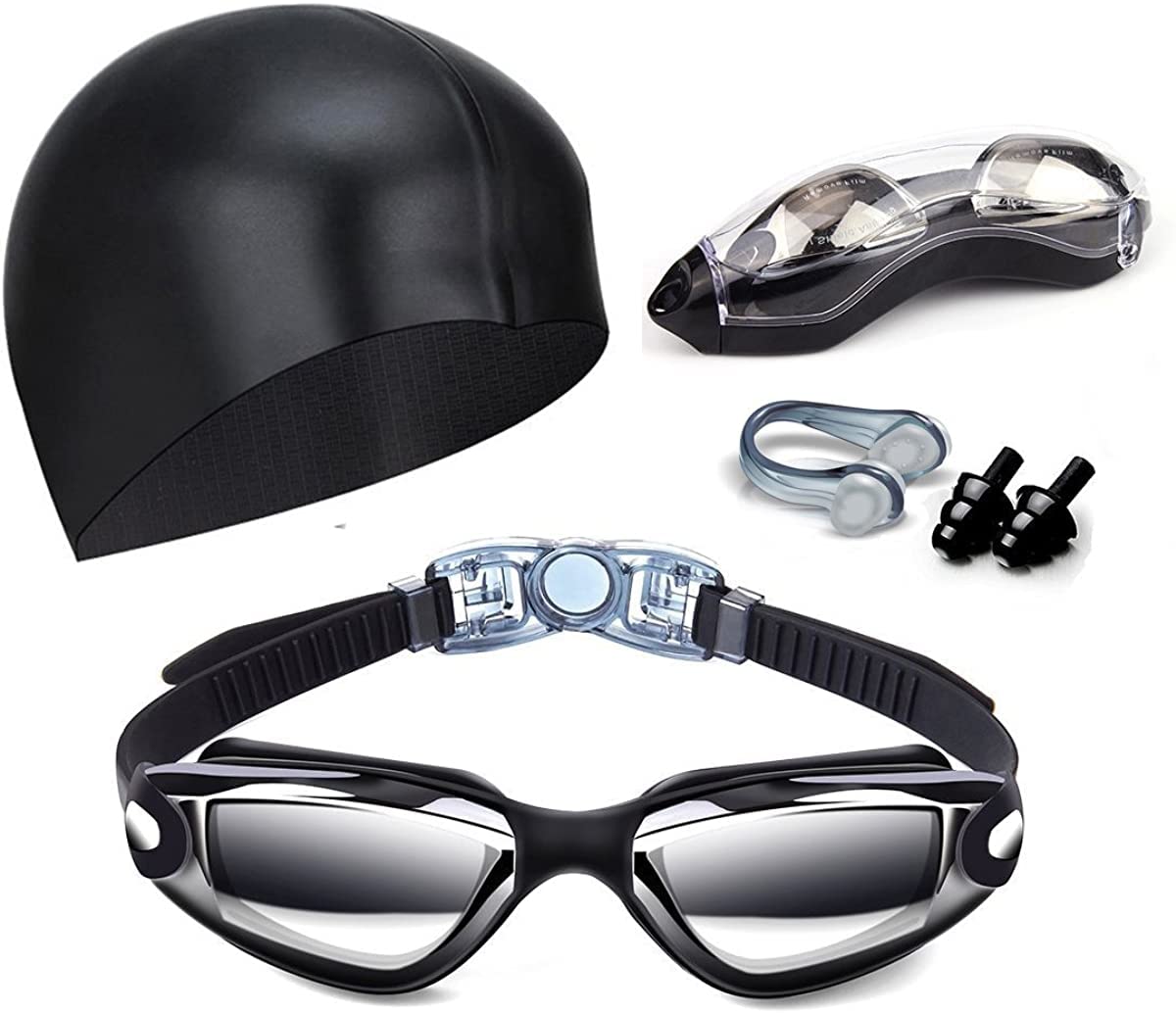 Sendowtek Gafas de Natación 5 en 1 Anteojos de Natación Incluye Gafas con Protección UV Lentes, Gorro de Natación, Auriculares y Clips para la Nariz, Bolsa de Natación para Hombres, Mujeres y Niños