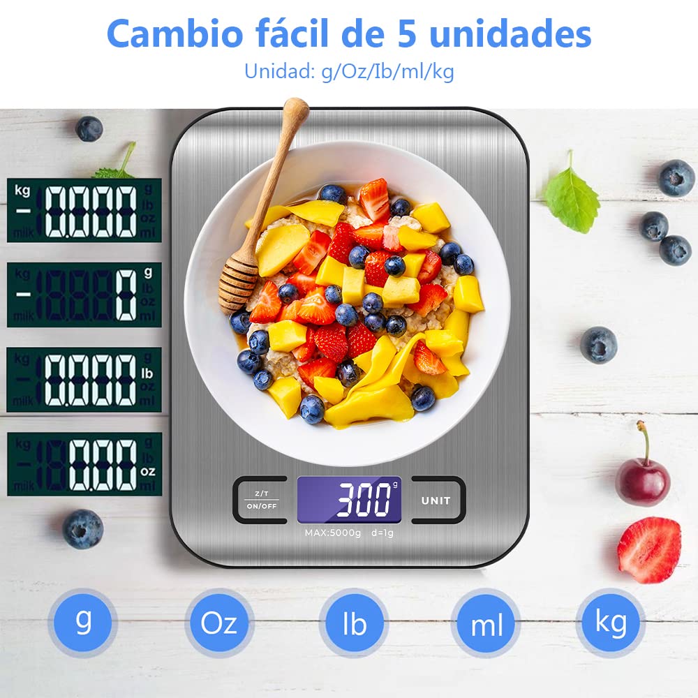 Báscula Digital de Cocina, Báscula de Cocina de acero inoxidable de 5 kg/11 lg con pantalla LCD, función de tara para cocinar en la cocina (plata)