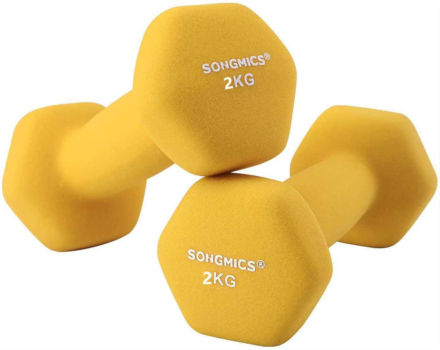 SONGMICS Juego de 2 Mancuernas, Mancuernas Hexagonales con Superficie de Vinilo, para Gimnasia en Casa, 2 x 2 kg, Amarillo MSYL064YL