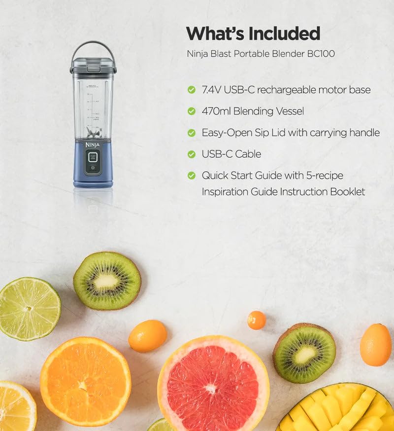 Ninja BC100 Batidora portátil, Capacidad de 16 onzas, licuadora personal para batidos y batidos, sin BPA, tapa a prueba de fugas y boquilla para beber, recargable con USB-C (Reacondiconado) (Negro)