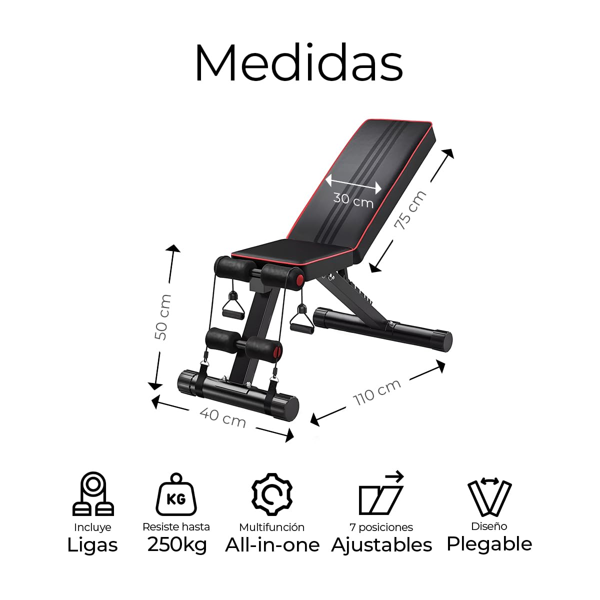 Raganet, Banco Fitness Multiposicion, Banco de Abdominales con 2 Ligas Incluidas, Asiento de Pesas Ajustable en 7 Posiciones, Soporta Hasta 250Kg, Negro