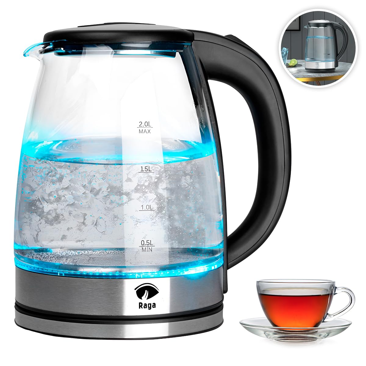 Raganet, Tetera Eléctrica de Vidrio, Capacidad de 2L, Indicador de Encendido de Luz LED, Apagado Automático y Protección Contra Hervir Seco, Transparente, Manija/Agarradera Antiquemaduras