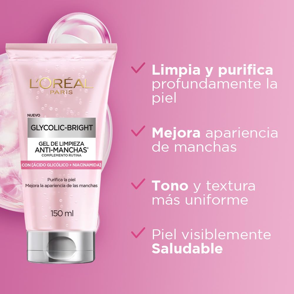 L'Oréal Paris Glycolic Bright Gel de Limpieza Profunda Anti Manchas, con Ácido Glicólico y Niacinamida, Reduce y Previene Todo Tipo de Manchas, 150 ml.