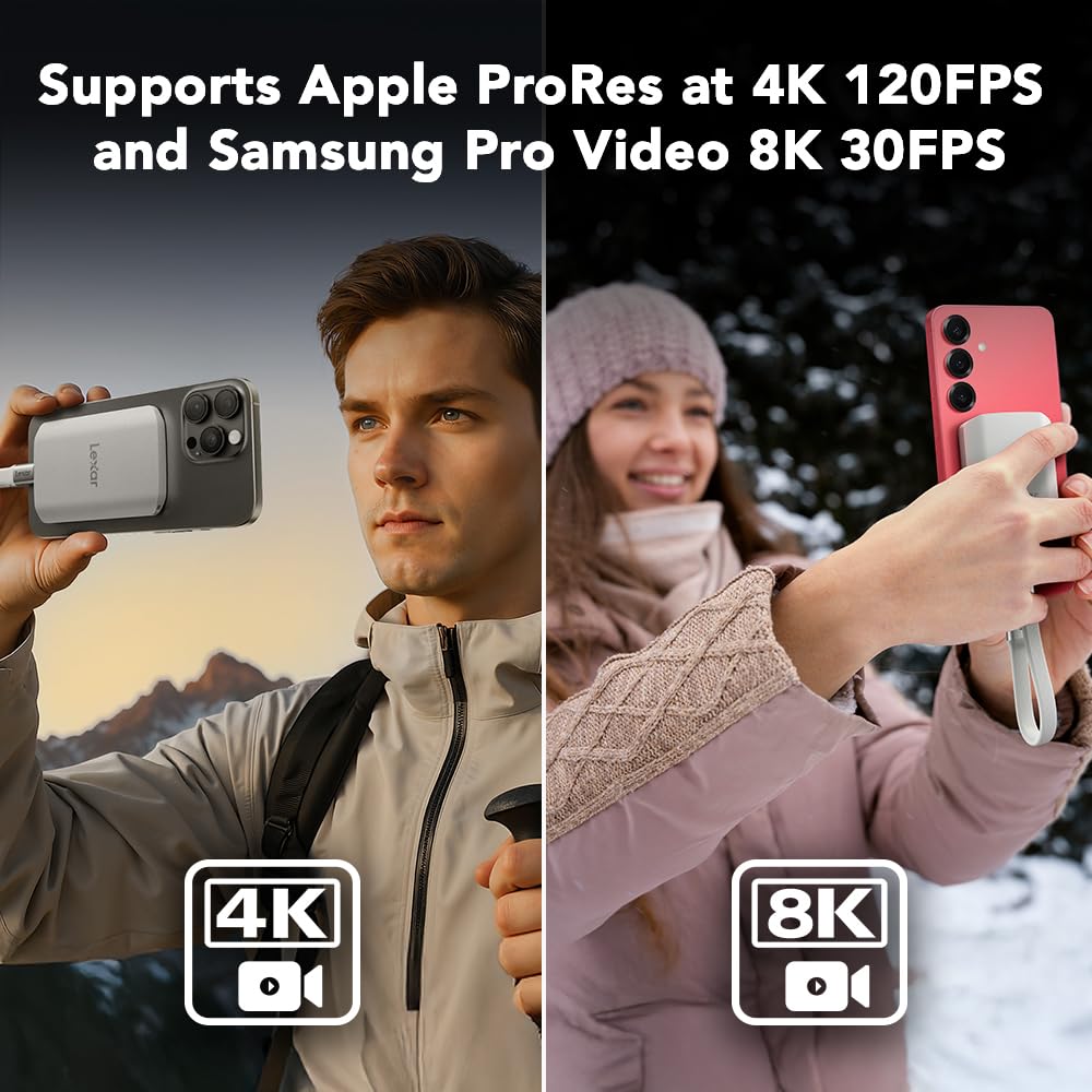 Lexar 1TB ES5 SSD Externo magnético, hasta 2000 MB/s, Compatible con MagSafe, Smartphones USB-C, iPhone 15/16 o Superior, PC, Mac, Compatible con Apple ProRes y Samsung Pro Video, Plateado