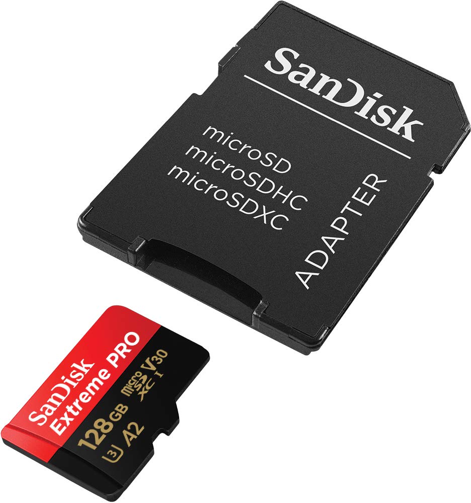 SanDisk 128GB Extreme Pro® microSD™ UHS-I Card with Adapter C10, U3, V30, A2, 200MB/s Read 90MB/s Write SDSQXCD-128G-GN6MA