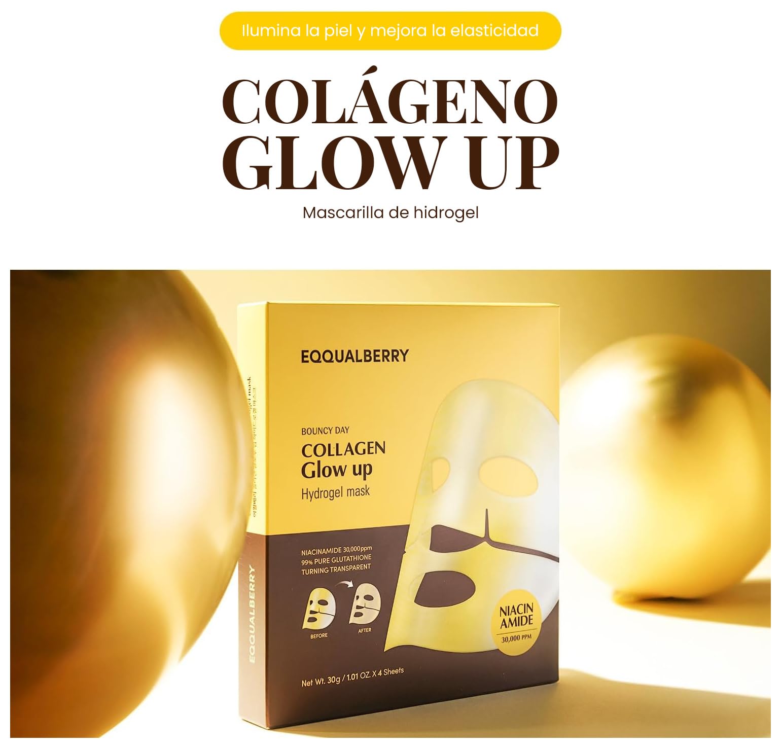 EQQUALBERRY Mascarilla Facial Coreana Hidratante con Colágeno y Niacinamida - Collagen Mask Iluminadora - Mascarillas Faciales Coreanas para Brillo Facial